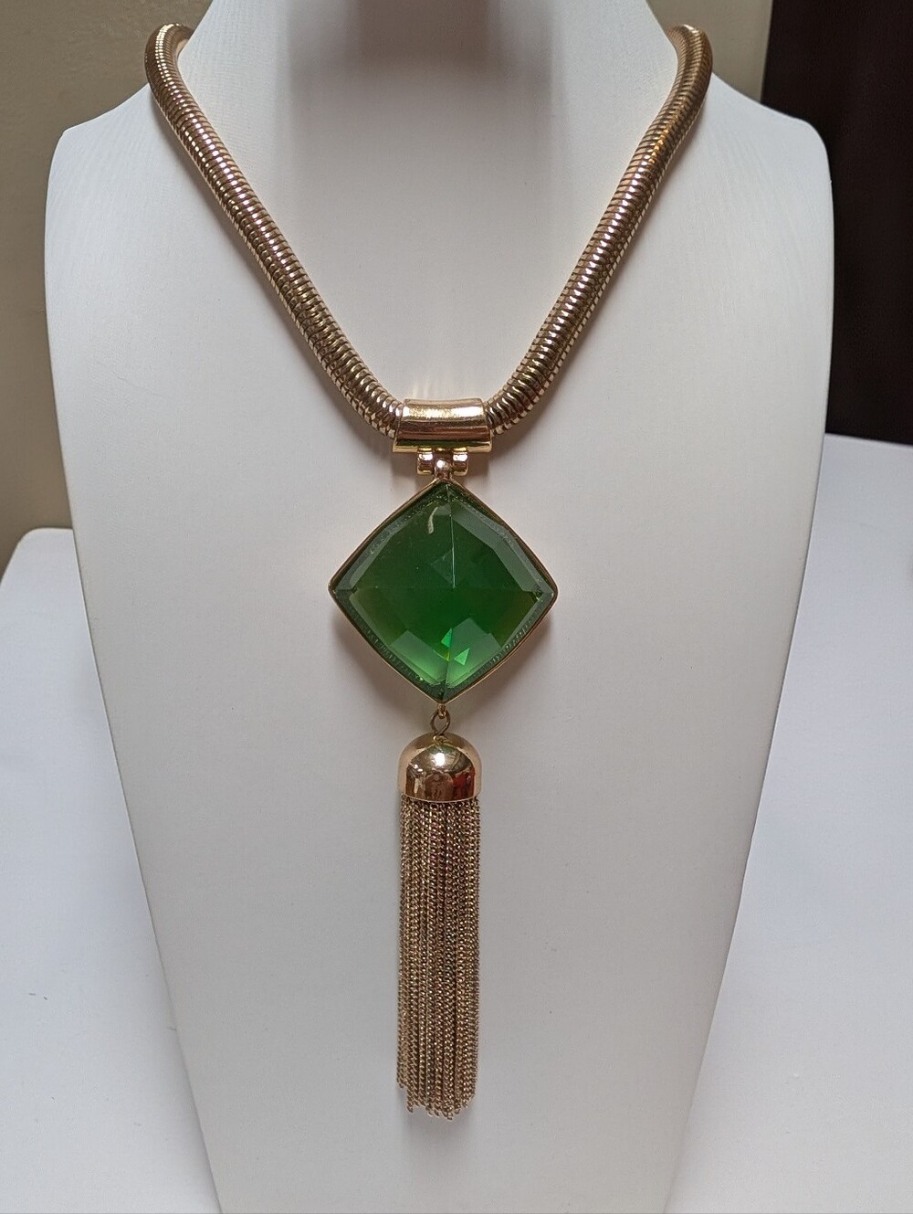 Anne Klein Vintage Gold-Tone Necklace with Green Pendant and Tassel